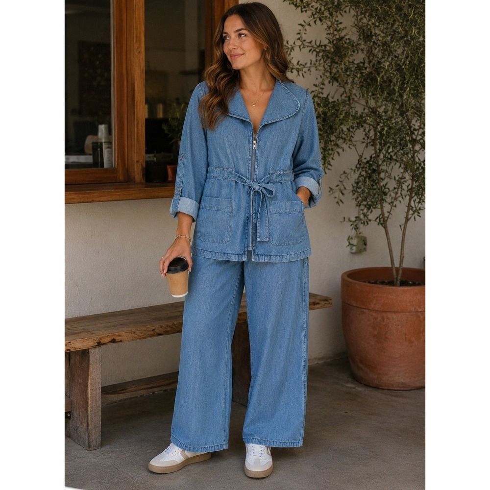 Vtg Medium Blue Chambray Denim 2 Piece Pant Set Zip Jacket Wide Leg Minimalist
